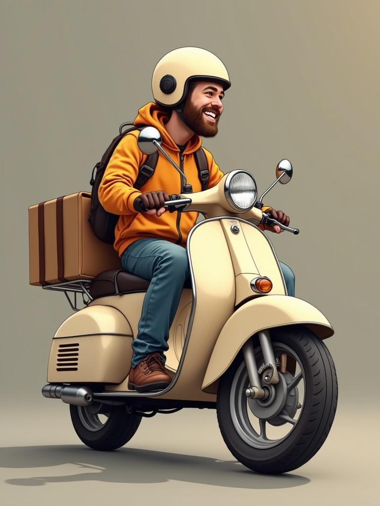 Delivery man riding a cream-colored motorcycle. Motorcycle has a bag on the back. Rider wears a cream-colored helmet and a cozy orange hoodie. The background is neutral to emphasize the motorcycle and the rider.