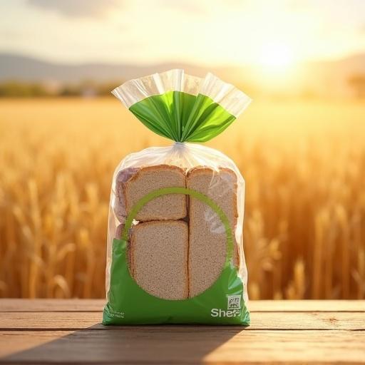 A package of toast bread displayed in a wheat field. The packaging is clear with stacked slices visible. The design has green accents suggesting natural quality. Soft lighting creates a warm atmosphere. The background features golden wheat fields, enhancing the healthy feel of the image.