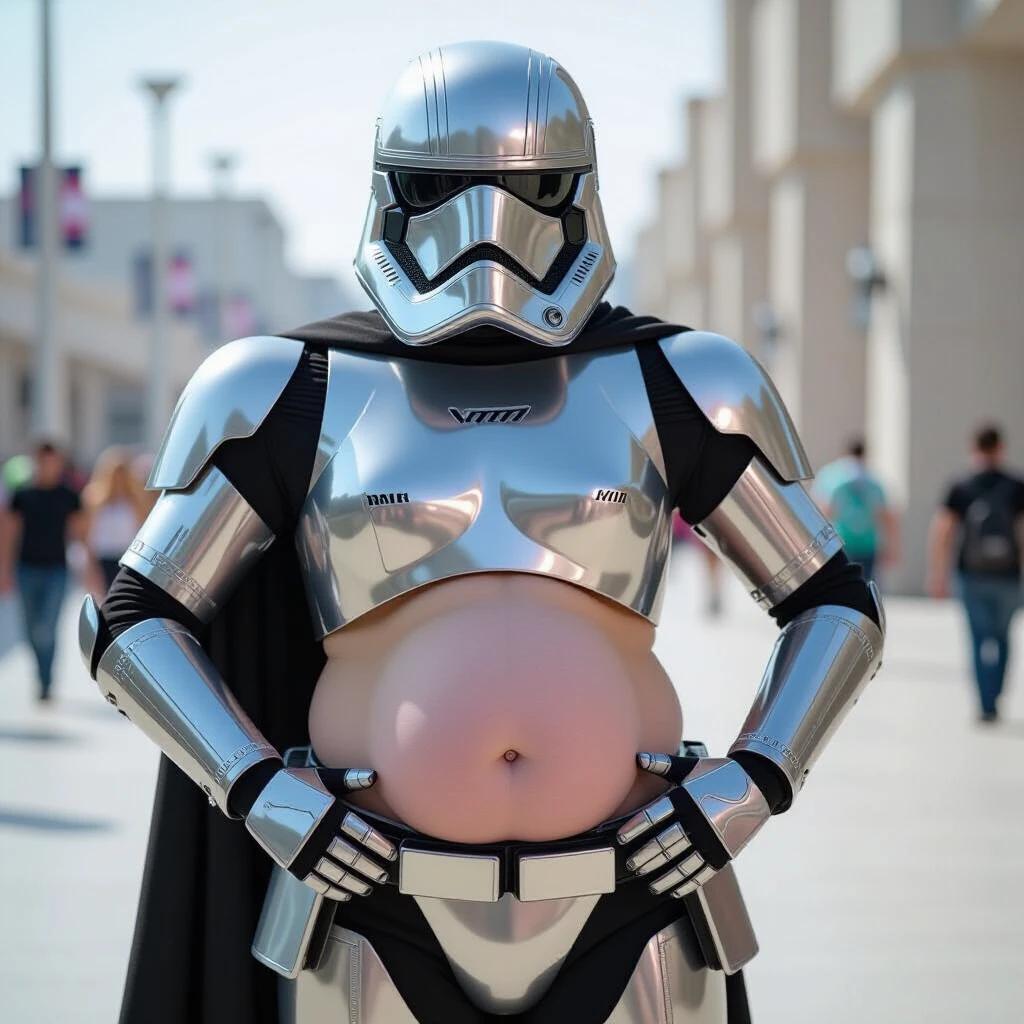 Captain Phasma character from Star Wars wearing a skimpy version of armor. Pose highlighting character's belly.