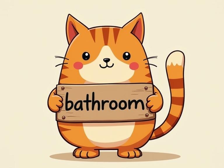 Cartoon style image of a cat holding a sign with the word bathroom.