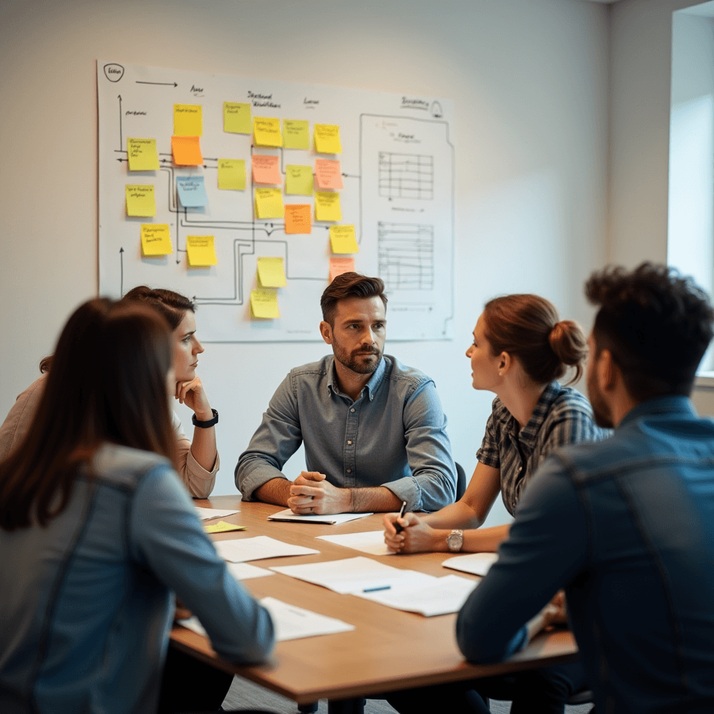 A group of people are having a discussion in a bright conference room with a flowchart and sticky notes on the wall.