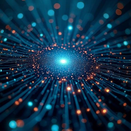 Create an image showing distortion of data migration between systems in an abstract manner. Use vibrant colors and a dynamic perspective. Focus on a central light source surrounded by flowing lines that represent data.