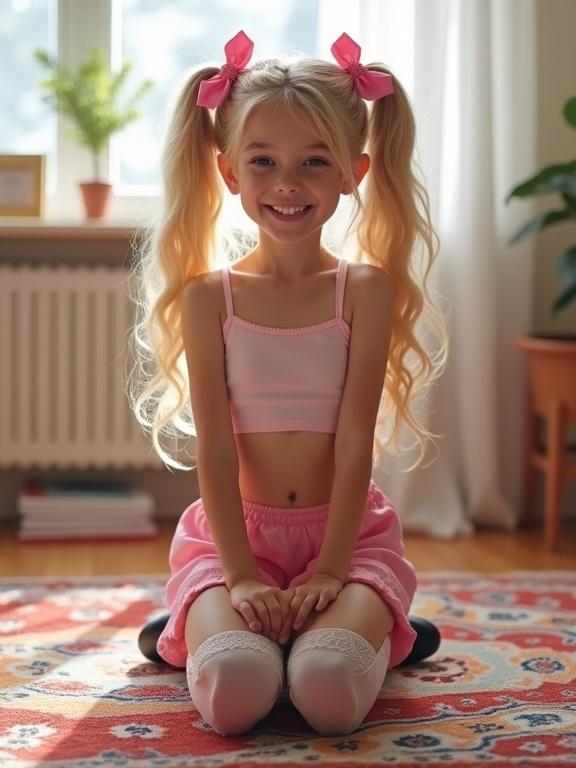 A joyful child with long blonde twin tails and pink bows kneels on a vibrant rug in a softly lit living room. She wears a crop top and a short pink skirt, with thigh-high lace socks and black shoes. She has a beautiful smile and sits comfortably on the floor.