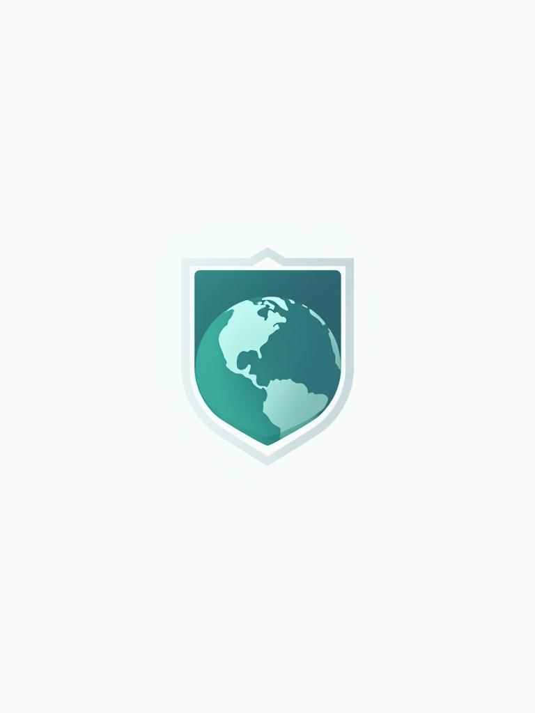 Sleek minimalist logo for Domain Information Chrome Extension. Abstract globe in muted teal blue inside a geometric shield. Strong turquoise shield with sharp outline. Modern sans-serif font in gray conveys professionalism. Centered design with balanced negative space. Digital use ensures clarity in small sizes.