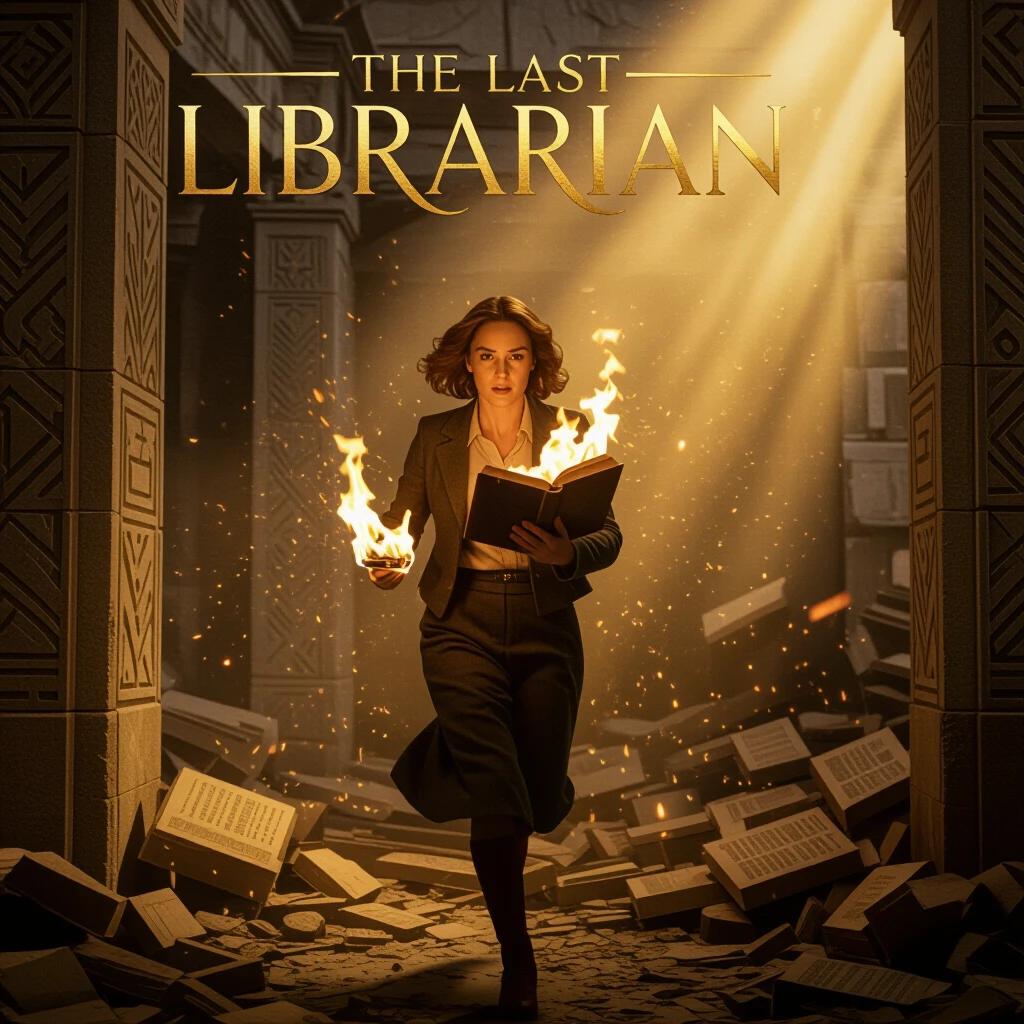 A character holds a flaming book while running through a collapsing archive. Warm light illuminates the scene, framed by Art Deco stonework. The atmosphere is filled with sparks and ash. Ultra-high resolution and cinematic motion blur enhance the image.