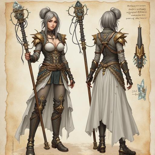 Character design sheet of a female "Garbage Keeper". She wears armor and accessories from recycled scrap and glowing wires. She holds a magical staff made from compressed trash and crystal shards. Concept art style with front and back views. Includes detailed equipment sketches and handwritten notes. The background is parchment-like with soft pencil shading. The color palette is muted. The design features intricate line work and is focused on illustration for an artbook.