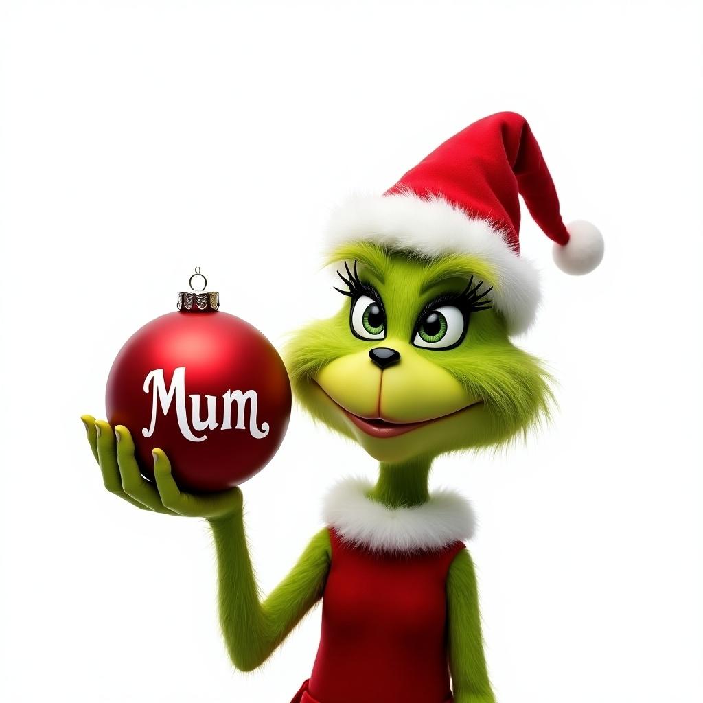 Cartoon Grinch character with green fur. Grinch wears a red Santa hat and red dress. Grinch holds a red ornament with the word Mum. Background is plain white.