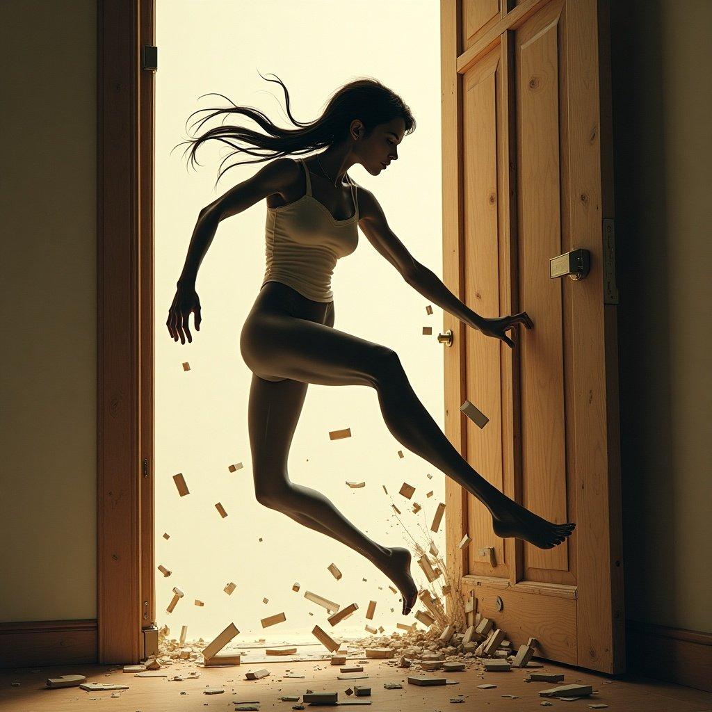 A dynamic scene featuring a female humanoid figure with long legs kicking down a wooden door. The room is well-lit from behind, emphasizing the action and creating dramatic shadows.