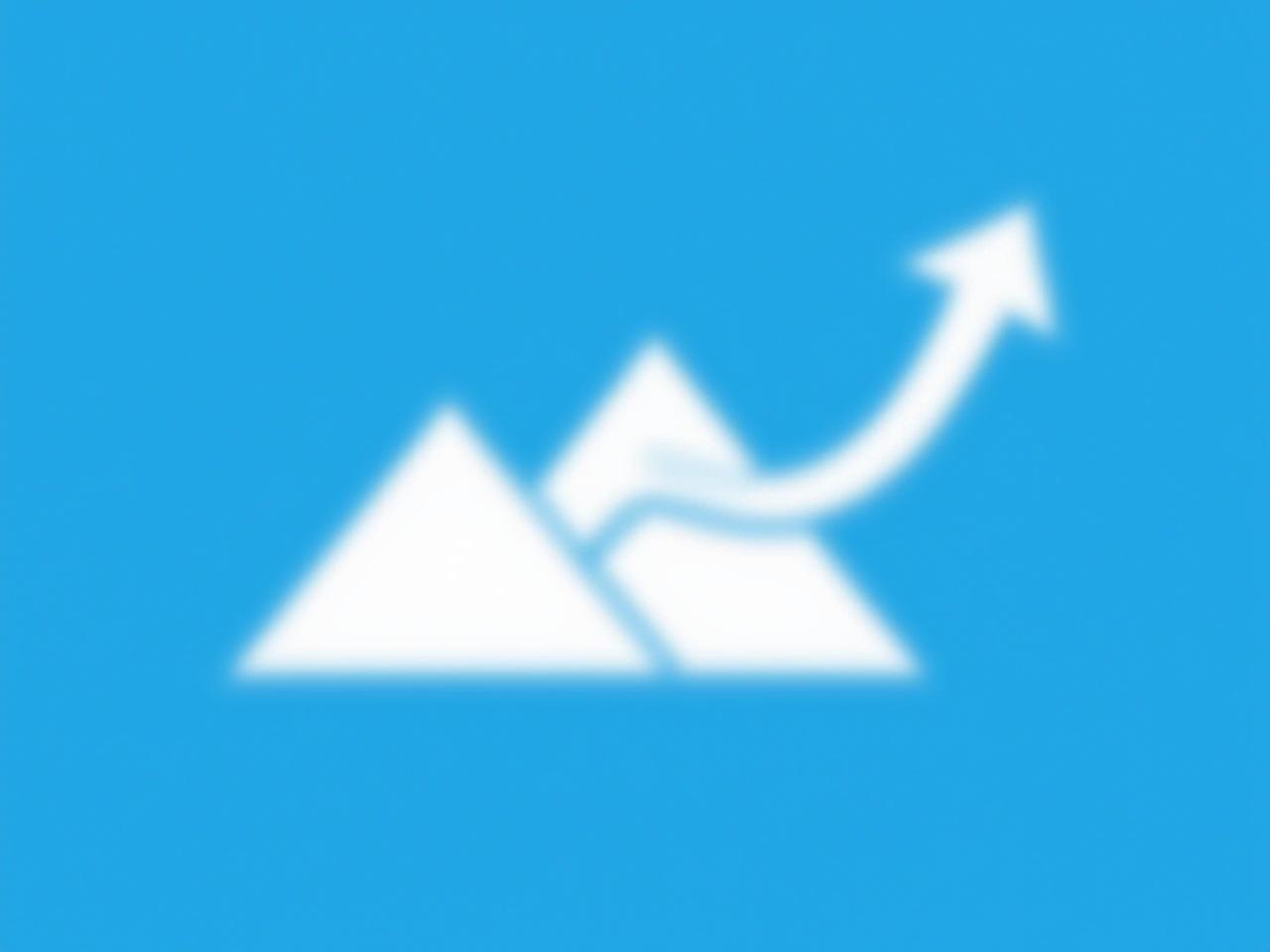 This image features a simple stylized representation of mountains set against a blue background. The mountains are white and have a clean, geometric design. One side of the mountain range is slightly raised, depicting a sense of growth or progress. An upward arrow is integrated into the rightmost peak of the mountains, symbolizing success or climbing higher. The overall design conveys a message of achievement and upward movement in a minimalistic style.