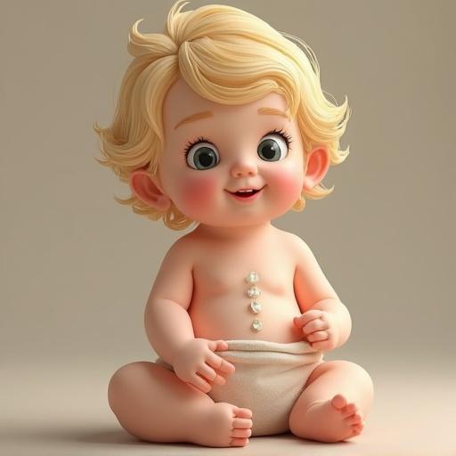 Full body photo of a cute blonde baby sitting and smiling. Baby has a playful expression and is made to look realistic with soft features. Asian background with neutral tones.