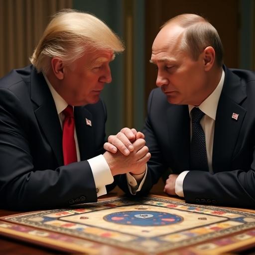 Trump and Putin playing a board game called Risiko together. They are sitting close together and discussing strategy. The atmosphere suggests tension and camaraderie. The board is fully visible between them.