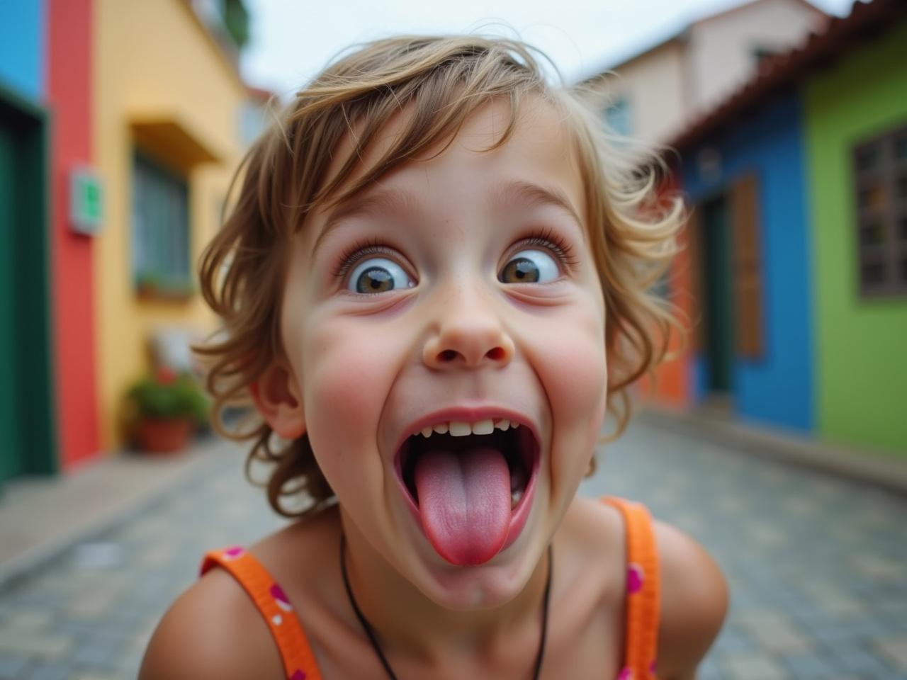 A girl is playfully sticking out her tongue, her eyes wide open in a fun expression. She has short hair and is wearing a brightly colored outfit. The background showcases a colorful urban setting, adding vibrancy to the image. The girl's playful demeanor contrasts nicely with the lively backdrop. Overall, the scene radiates joy and energy.