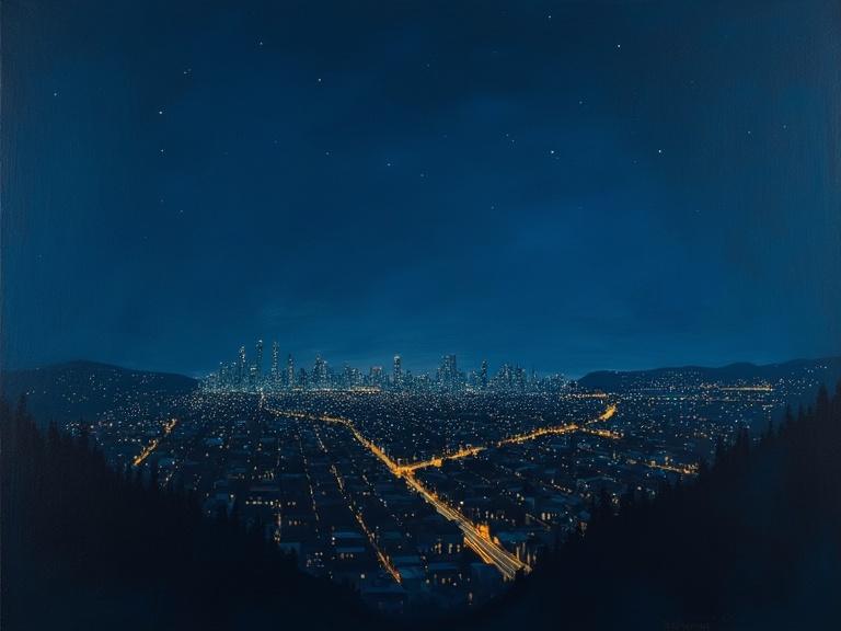 Expressionist painting features nighttime city view with various lights. Gives a feeling of loneliness. Skylines, roads, buildings illuminated. Night sky visible.