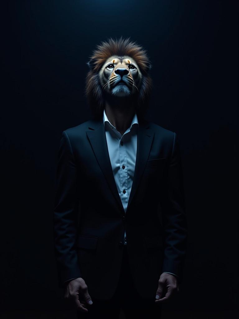 Man standing in a tuxedo with a lifelike lion head. Dark background. Curly lion mane and strong features. Blue light highlights the shirt. Photorealistic style. Focus on power and confidence.