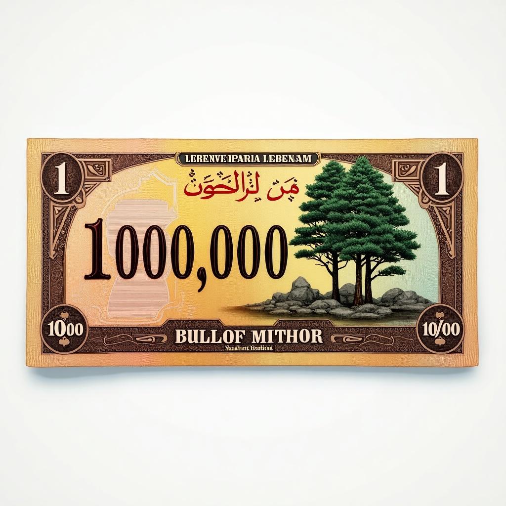 This image features a fictional banknote representing one million Lebanese pounds. The design incorporates vibrant colors with a focus on nature-inspired elements. Prominently displayed are green trees next to stylized Arabic text indicating the value. The overall aesthetic combines traditional and modern features, creating a unique representation of Lebanese culture. This banknote serves as an imaginative proposal for a new form of currency in Lebanon, reflecting the beauty of its landscapes. The background subtly blends colors to showcase the bill's value while maintaining artistic elegance.