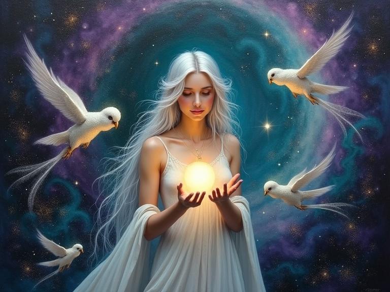 A vibrant, thick impasto oil painting depicts a luminous female figure holding a glowing orb against a dark cosmic backdrop. The figure has silver hair and a gentle expression. Stylized birds orbit her, illuminated by the orb's glow. The background features a swirling nebula.