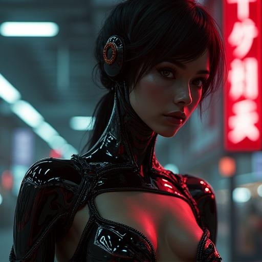 Female android leader in a cyberpunk setting. Tech noir aesthetics with a retro futuristic style. Natural skin textures with a dark color palette. High contrast lighting creates a dramatic effect. Focus on intricate details and perfect anatomy. Cinematic angle enhances the portrayal of the subject.