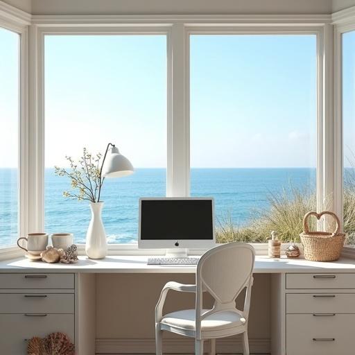 Photorealistic interior showcasing a bright workspace with large windows facing the ocean. Features a minimalist desk, stylish glass lamp, desktop PC, and a cup of hot tea alongside seashell decor.