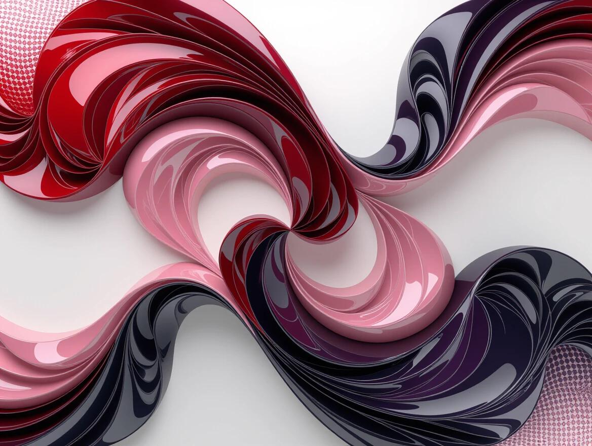 A 3D abstract image showcases flowing ribbon-like structures resembling nude body curves. The image displays a smooth and glossy surface with a gradient from deep red to black to light grey. It is set against a plain white background, with subtle shading enhancing the curved forms. Elements of iridescent ceramic tile and glass mosaic are present, evoking an ethereal quality.