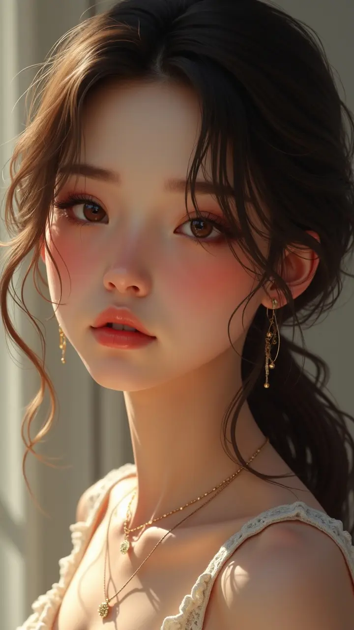 This digital artwork portrays a young woman with delicate features, gazing softly into the distance. Her eyes are expressive and framed by gentle waves of brown hair, while her cheeks have a natural blush. The image uses soft, warm lighting that casts subtle shadows, enhancing the serene and enchanting aura of the subject. The woman's accessories, including elegant earrings and necklaces, add a touch of sophistication to the composition.