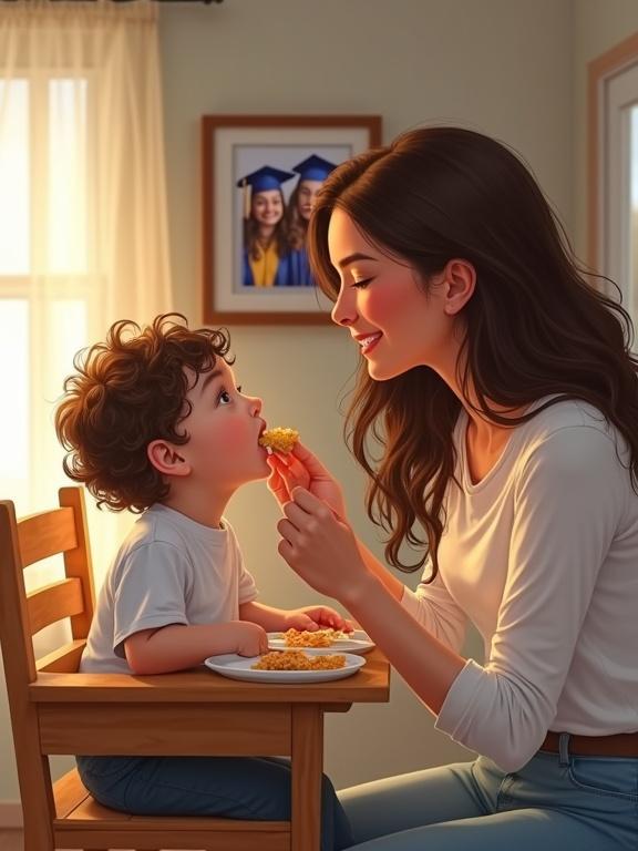A hyper-realistic digital illustration in Don Lawrence style. A chubby healthy toddler boy with small curly hair is sitting on a wooden high chair. A beautiful young woman with long wavy brown hair gently feeds him. The toddler looks up with innocent wonder. Soft afternoon light fills the room. On the wall, a framed photo shows twin sisters in high school graduation gowns. The scene feels tender and bittersweet.