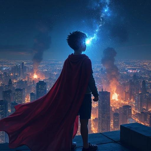 A boy stands on the roof overlooking a city at night. Fists are clenched. Eyes shine with light. A cloak flutters in the wind. City lights twinkle like a galaxy. Explosions sound in the distance. Centered in the image with a dramatic city backdrop. Strong color contrast and dynamic lines convey emotion.