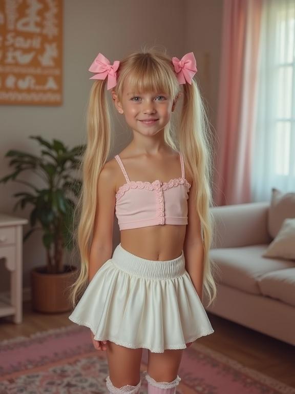 Youthful girl with long hair and pink bows in living room. Slim waist and smile, wearing crop top and micro skirt, thigh-high socks. Appears playful and cheerful at birthday party.