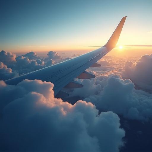 A plane view among clouds featuring a dark blue, white, and gold color palette. Aircraft wing visible with a backdrop of soft, fluffy clouds and a warm sunset light.