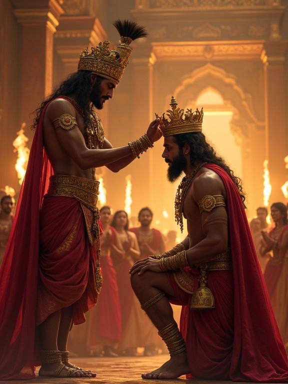 A majestic royal scene. Duryodhana places a golden crown on Karna's head. Karna kneels with eyes filled with emotion. Royal courtiers and shocked spectators in the background. Fire torches burn in an ancient palace setting. Grand lighting with traditional Indian clothing and divine symbolism. Rich gold and red hues. Epic digital painting style with a mythological tone.
