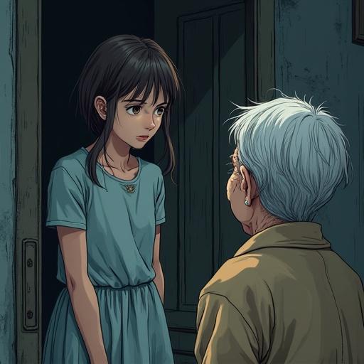 Scene of a young girl in a blue dress speaking to her elderly grandmother at a door. Subtle dread visible in her eyes, depicting a horror-themed illustration.