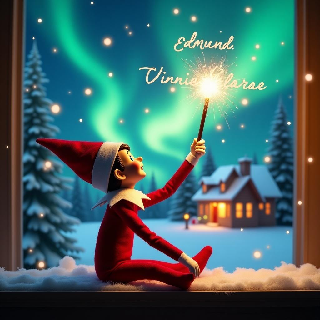 An elf sits on a shelf with its back to the viewer. It gazes skyward, holding a glowing wand. The background features a Christmas scene with colorful northern lights. A cozy house is in the distance, decorated for the holidays. Snow covers the ground. The elf embodies the spirit of magic and wonder. The names 'Edmund, Vinnie, Clarae' appear in the air.