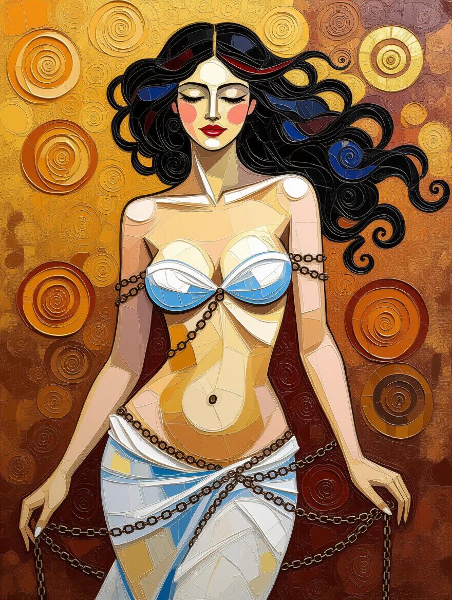 A 3D impasto painting inspired by Klimt. Features an elegant nude woman with a flowing body and delicate chains. The background has a warm color palette with circular shapes. Evokes a sense of independence.