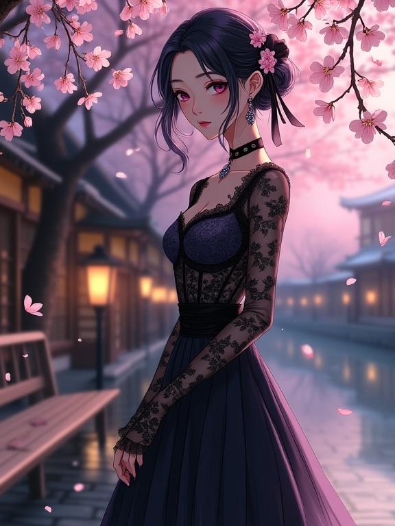 A cinematic anime-style illustration depicting an elegant woman leaning against a cherry blossom tree. Set in Kyoto’s Philosopher's Path with traditional townhouses. The scene is serene with petals fluttering. She wears a black lace dress with intricate designs. Her dark violet hair and eyes add sophistication. The warm lantern glow creates an ethereal atmosphere.