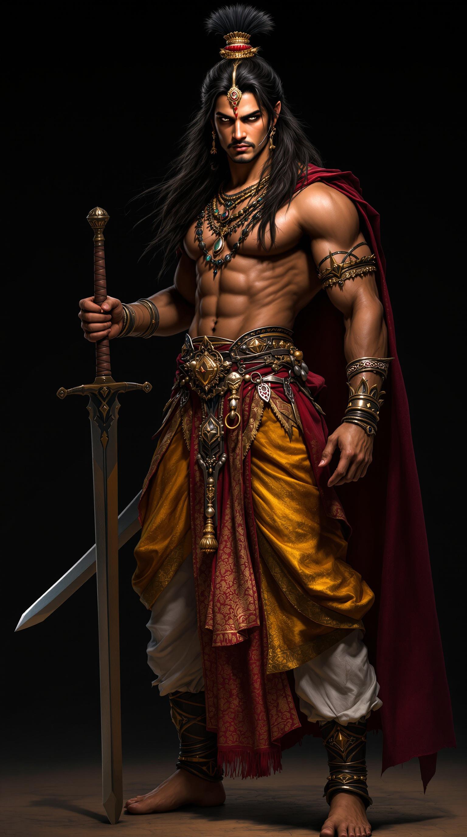 A 19-year-old Indian prince stands tall with an athletic build and an air of confidence. He wears royal warrior attire adorned with golden embellishments that highlight his flamboyant style. His long, loose hair cascades down his shoulders, enhancing his regal appearance. In his hand, he wields a sword, showcasing his readiness for battle. The background is dark, allowing the vibrant colors of his attire to shine. His pose conveys both strength and poise, embodying the essence of a heroic figure from ancient tales.