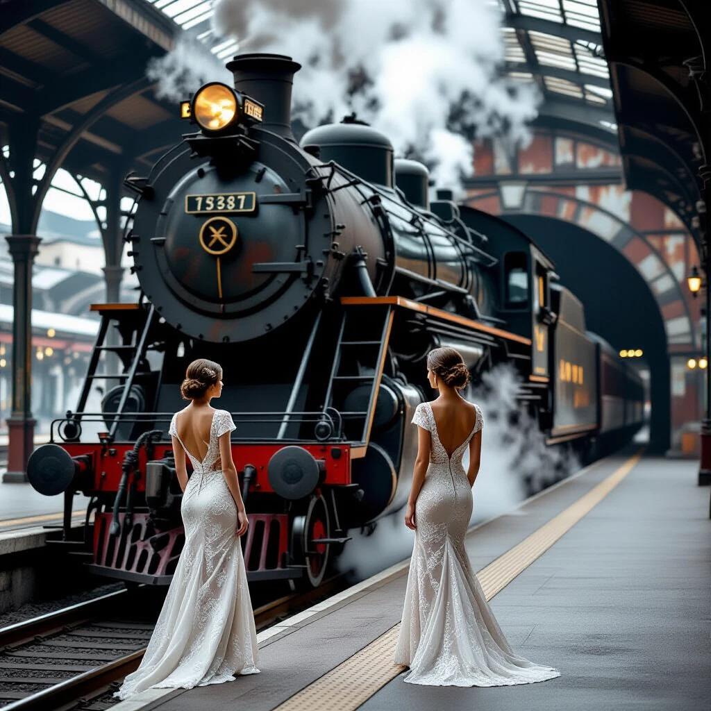 Elegant women in lace dresses stand on train platform. They gaze at steam locomotive with giant wheels. Locomotive has rusty paint and grime. Covered station resembles a tunnel with arched exit. Contrast between beauty and industrial decay. Steam swirls around. Cinematic 1920s vibe with depth of field.