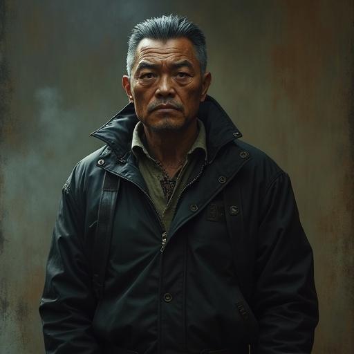 Portrait of a middle-aged Japanese man with a serious expression wearing a black jacket. The background is dark and moody. A realistic style emphasizes character details.
