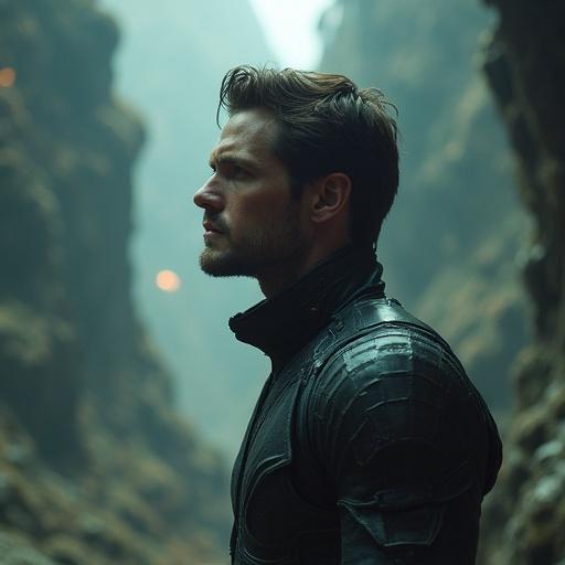 Profile view of a man in an intricate textured environment. Scene combines dreamlike and sci-fi elements. Atmosphere feels disorienting with a sense of movement and sharp detail. Portrait size with vertical orientation.