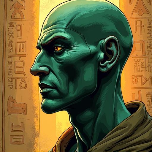 Anime-style digital illustration featuring a man with ash-green skin. Soft warm lighting enhances the artwork. Dramatic shadows and a cinematic composition are used. Detailed textures create a realistic art style. Background includes ancient papyrus with mystical runes.