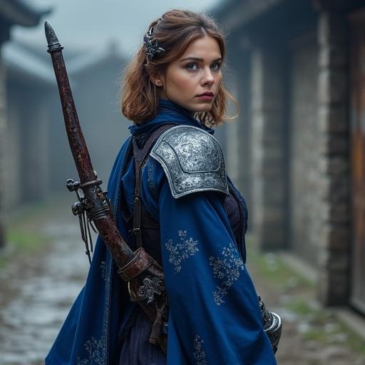 A female senior scout wears lightweight kimono-inspired armor in deep indigo blue. Armor made of flowing fabrics with subtle silver cherry blossoms and wave motifs. Soft layered cloth has elegant folds. She carries a lacquered yumi bow and pouch for traps. Set in medieval fantasy training ground with stone walls and mist.