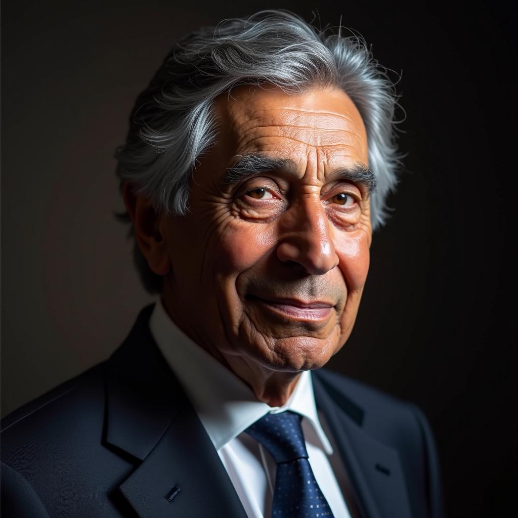 Portrait of a formal figure wearing a suit. Dark background with soft lighting. Classic business environment feel. Emphasizes professionalism and leadership qualities.