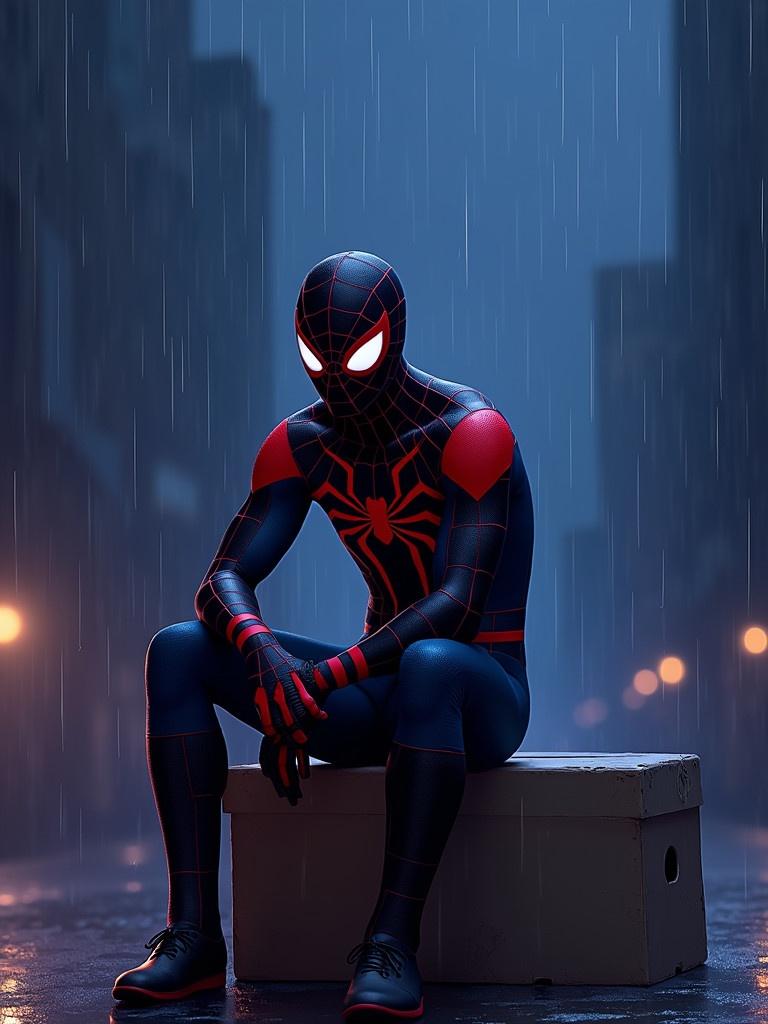 Miles Morales Spider-Man in a dark blue-purple background. Heavy rain creates a gloomy mood. Miles sits on a box with a sad expression, illuminated by soft light.