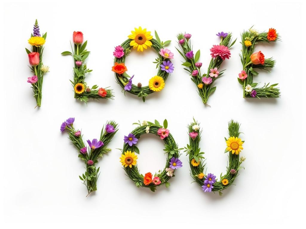 Sign I LOVE YOU created from meadow flowers. The letters are made using different colorful flowers and greenery. Each letter is uniquely designed with a variety of blossoms, reflecting the beauty of nature. The background is white, highlighting the floral arrangement. The image conveys a joyful and warm feeling, perfect for expressing affection.