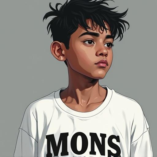 A young person in a white t-shirt featuring the word 'MONS' and graphics reflecting PlayStation 1 design. The style is artistic and modern.