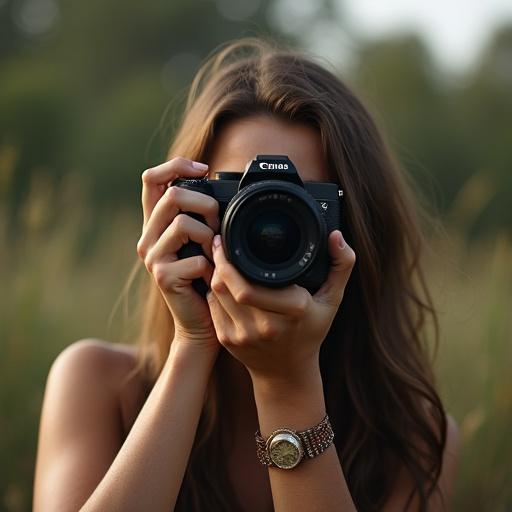 Realistic portrait of a woman holding a camera taking a photograph in a natural environment.