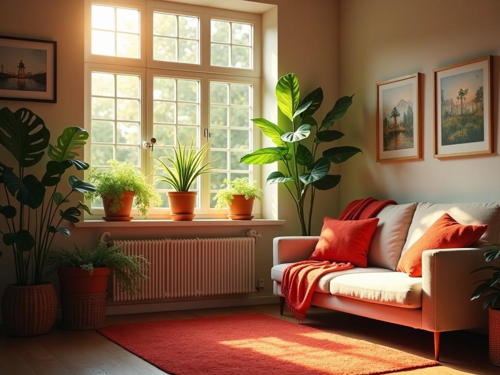 This image showcases a cozy living room filled with natural light. A large window lets in warm sunlight, enhancing the comfort of the space. Vibrant house plants decorate the windowsill, adding a touch of nature. An inviting beige couch is adorned with red pillows and a textured throw. The room is completed with wooden elements and a red rug, creating a harmonious and tranquil atmosphere.