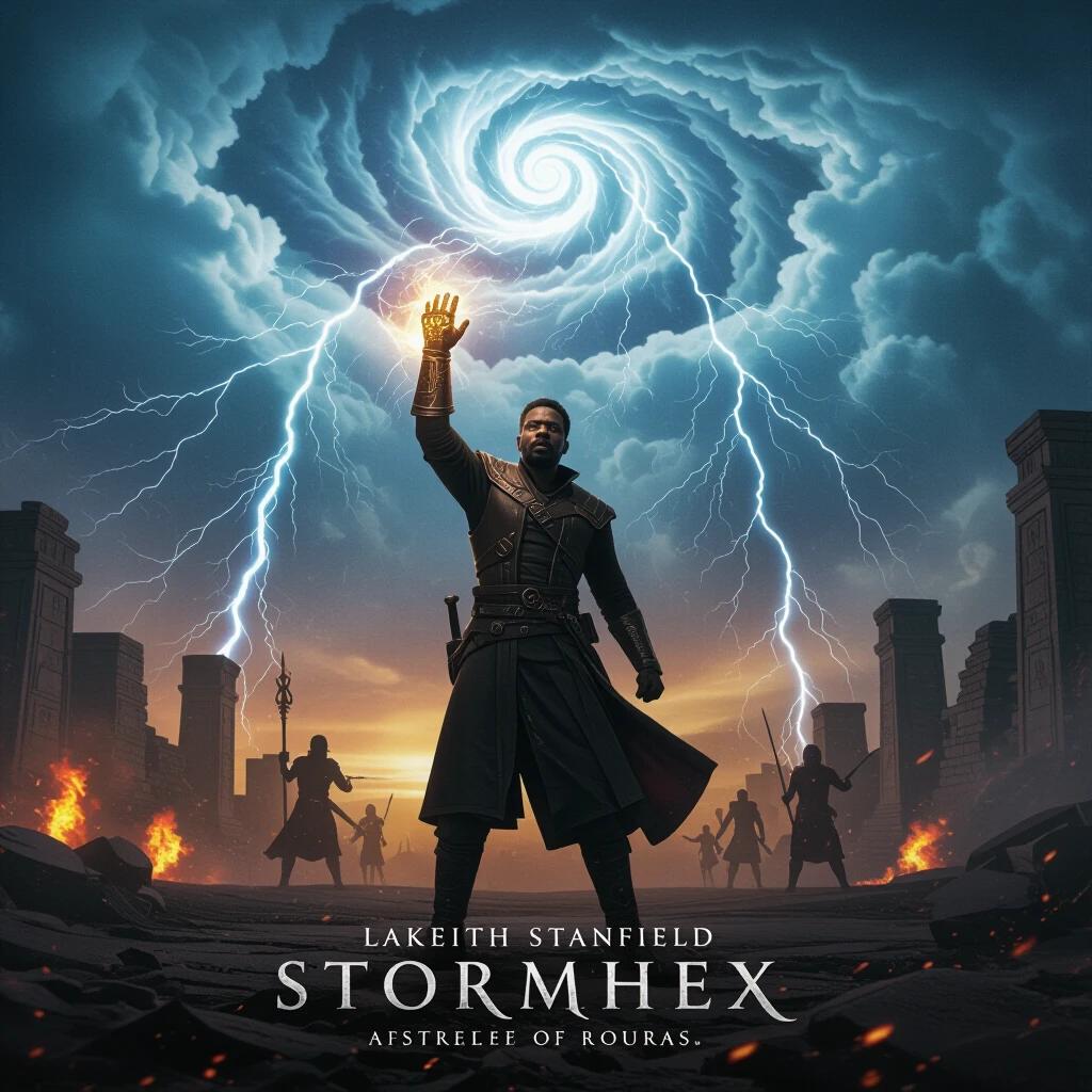 A lone warrior stands in a dramatic pose at the center of a scorched battlefield. Warrior raises a glowing ancient gauntlet toward the sky. Spiraling storm clouds gather above warrior. Radiant arcs of energy strike the ground. Mist and embers swirl around silhouette. Enemy figures caught mid-movement in the distance. Powerful movie title in glowing runic font across the bottom
