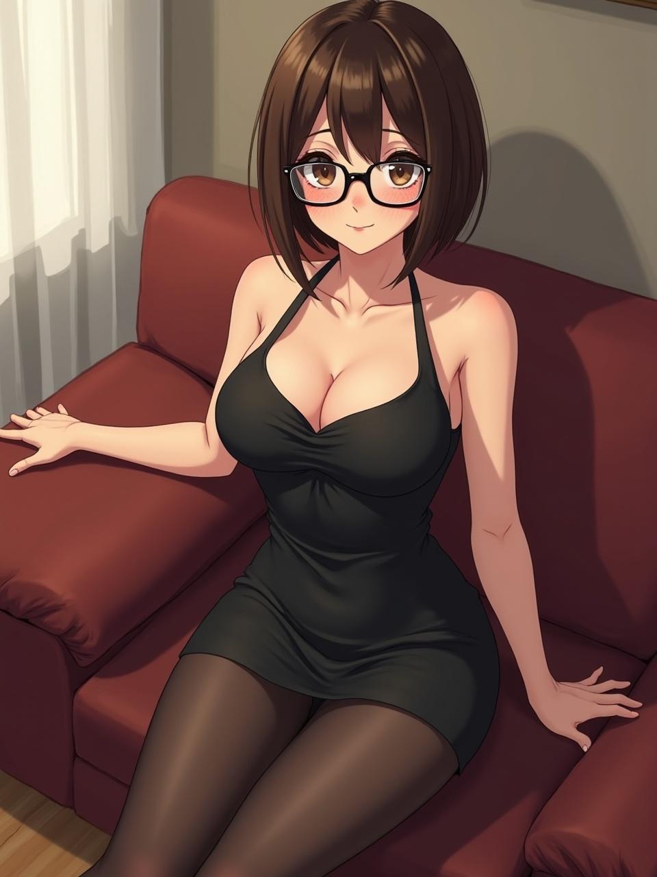 This digital illustration features an anime-style character with brown hair and glasses, seated on a red sofa. The character is wearing a sleek black dress that complements the warm lighting of the room. The soft shadows and cozy setting evoke a sense of comfort and intimacy, capturing a relaxed, yet engaging atmosphere.