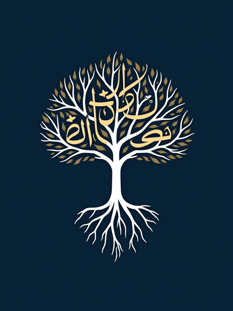 Islamic calligraphy forms the shape of a tree. Intertwining branches and roots symbolize theology and jurisprudence. Elegant Arabic script displayed in white and gold against a dark blue background. Minimalist design conveys deep symbolism.