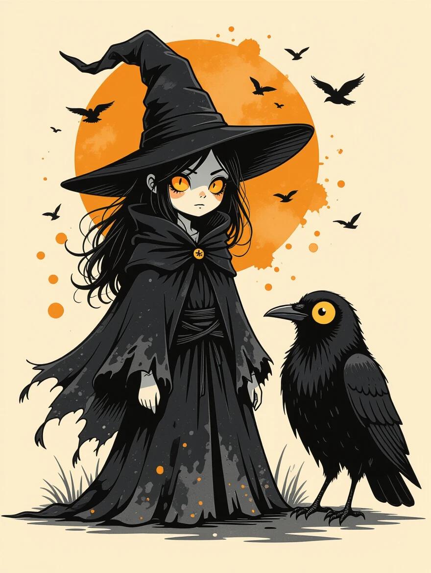 Whimsical witch with glowing eyes in a tattered cloak and pointed hat. Standing beside a black crow with yellow eyes. Minimal surreal background with ink splatter and bird silhouettes. Sketchy linework and watercolor style.