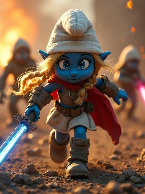 Post-apocalyptic battlefield with cinematic lighting. Fire and smoke in the background. Blue-skinned characters in light high-tech armor. Smurfette with long blonde braid mid-action pose. Sweaty dusty skin. Wielding plasma blade. Motion blur with sparks and glowing particles. Intense lens flares. Dynamic camera angle showing dirty and exhausted characters. Papa Smurf with ash-covered beard and red cloak casting glowing energy shield. Heroic composition with grimy cinematic realism and dramatic highlights and shadows.
